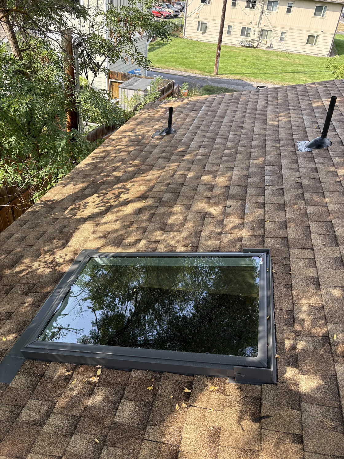 Replacement skylight set in a brown shingle roof in Missoula, with trees reflected in the glass.